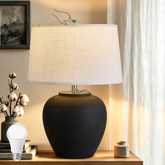 25.12" Black Matte Ceramic Table Lamp with Fabric Shade, Bedside Nightstand Lamp for Bedroom, Living Room, Entryway