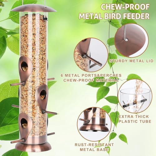 Metal Bird Feeders for Outdoors Hanging, 6-Port Tube BirdFeeders for Outside, Finch Feeders for Outside, Brushed Copper Finishing, Bird Feeder with Heavy Duty Metal Lid, Chew-Proof 1 Pack