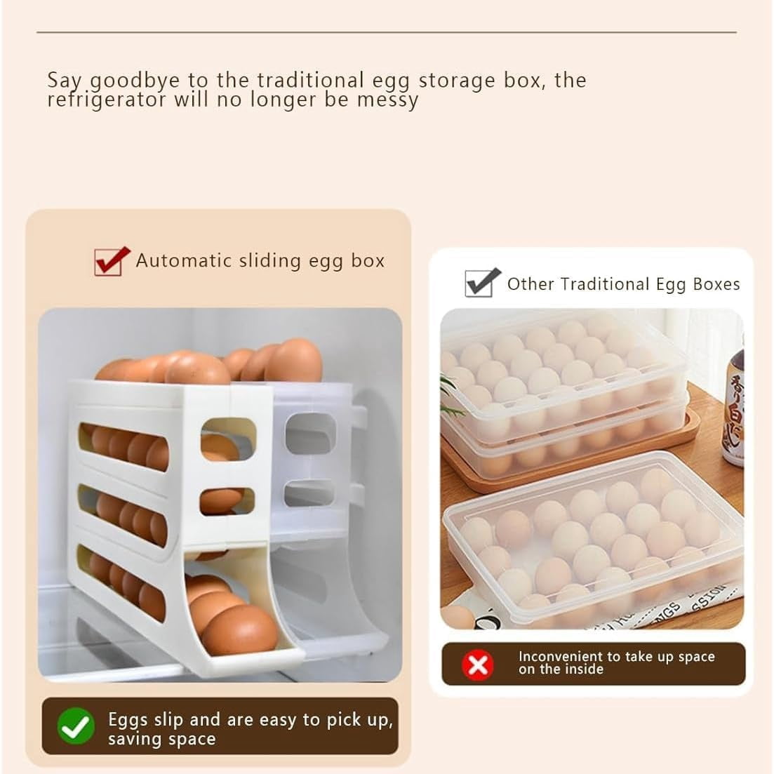 4 Tiers Egg Holder for Fridge Auto Rolling Fridge Egg Organizer Space-Saving Egg Dispenser Holder Large Capacity Eggs Dispenser Storage for Refrigerator Kichen Cabinet (Clear, 1pcs)