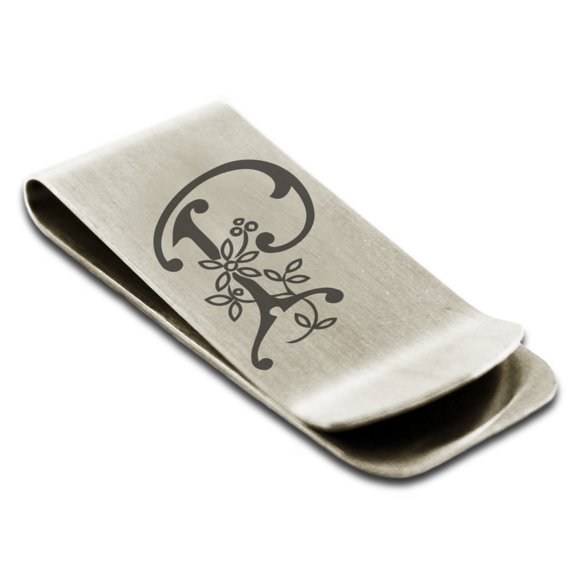 Stainless Steel Letter P Initial Floral Monogram Engraved Engraved Money Clip Credit Card Holder