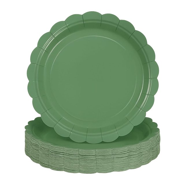 50 platos de papel verde de 9 pulgadas, platos de postre festoneados, desechables de color verde salvia, para novia, baby shower, boda, graduación, decoración de fiesta de cumpleaños