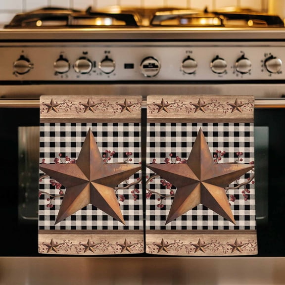 Vintage Texas Star Brown Kitchen Towels Set of 2, Black Plaid Berry Farmhouse Absorbent Dish Towels for Kitchen, Microfiber Hand Towel, Quick Drying Tea Towel for Cleaning Decorative Dishcloths