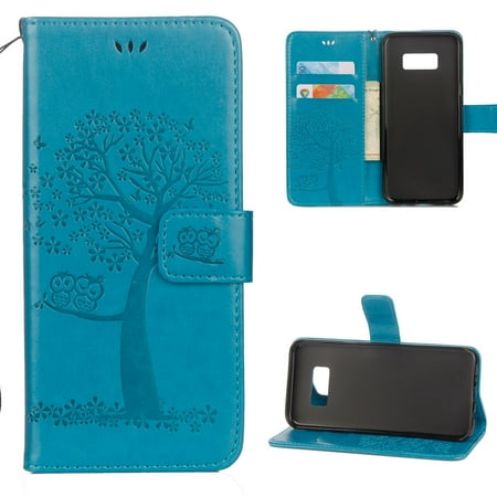 Samsung Galaxy 4 Mini Case Owl S8 Case, Samsung Galaxy S8 Case - Allytech Premium Wallet PU Leather with Fashion Embossed Floral Owl Tree Magnetic Clasp Card Holders Flip Cover with Hand Strap, Blue ()