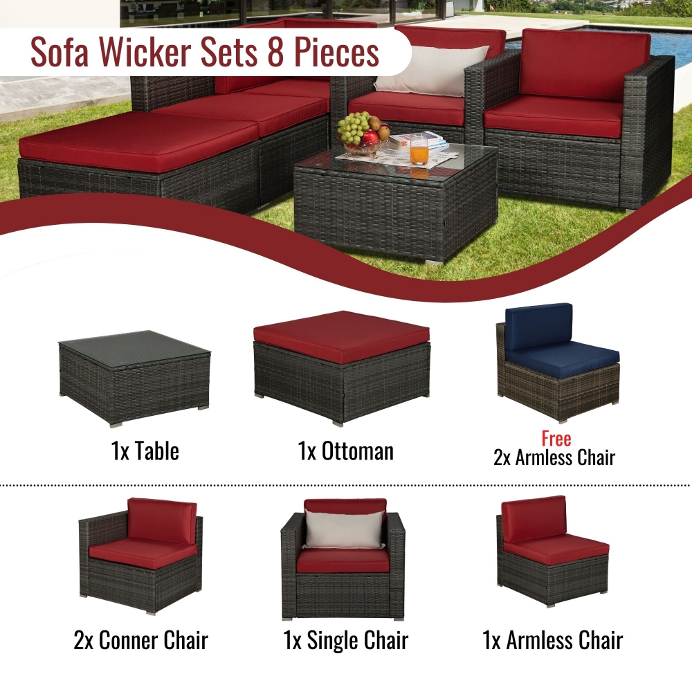 8-Piece Patio Furniture Sets, Gray PE Rattan Wicker Sectional Sofa Sets with Glass Table, Outdoor Patio Conversation Sets with Red Cushions & 1 Beige Pillow for Garden Lawn Backyard Beach - image 2 of 7