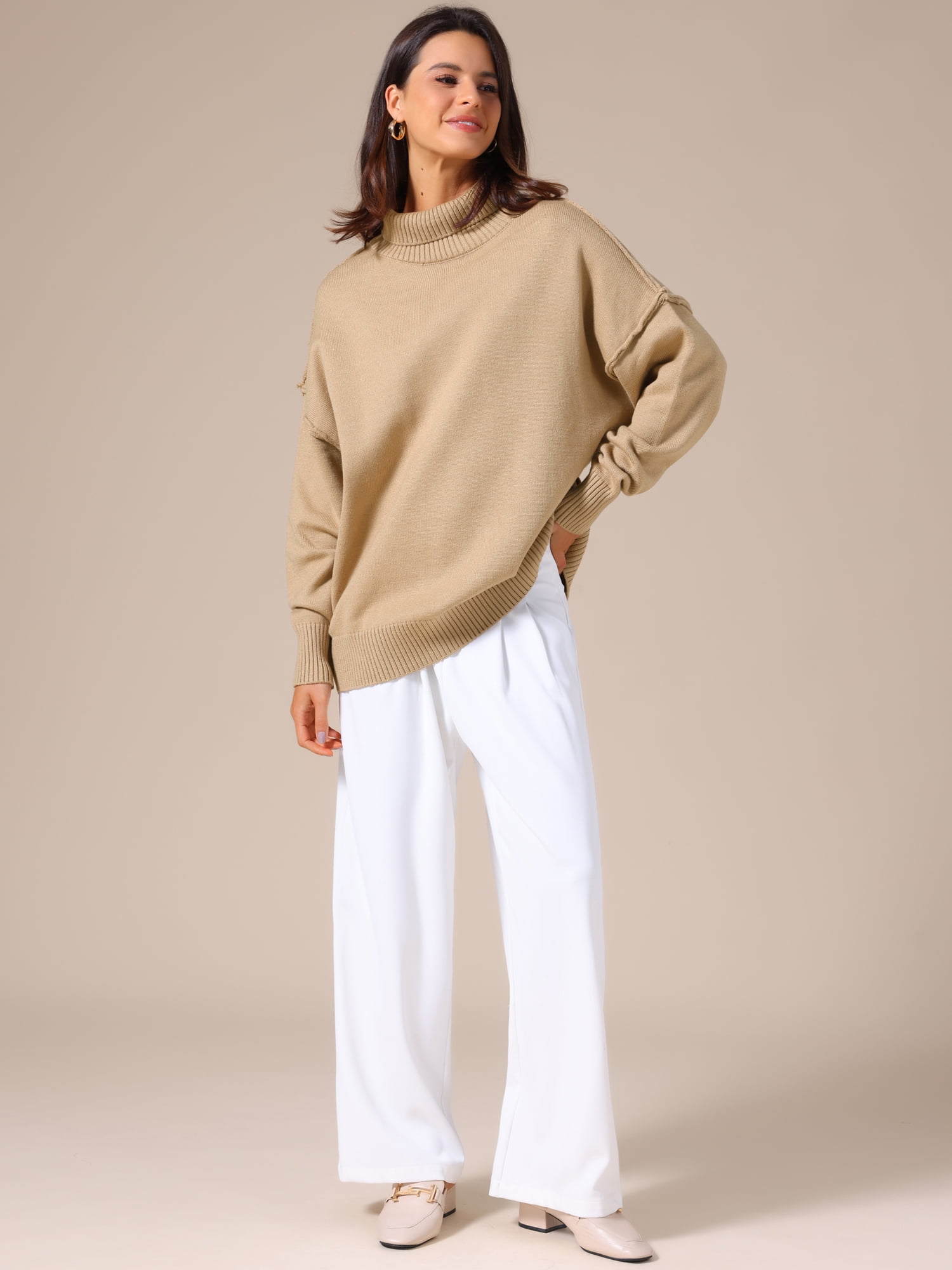 DARING DIVA Women's Oversized Mock Neck Long Sleeve Pullover Sweater 2XL Khaki