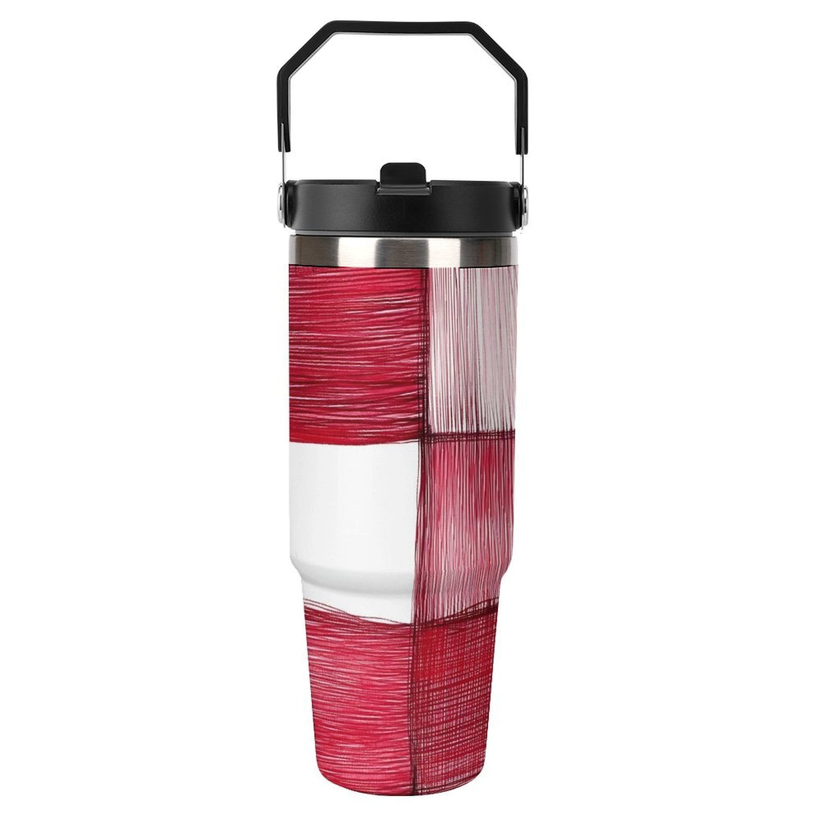 Large Capacity Car Cup 30oz Vacuum Insulation Double Layer Hot Proof Super Capacity Portable Placement Without Water Leakage IndianRed Checked Hand-drawn Sketch_2 Black-style