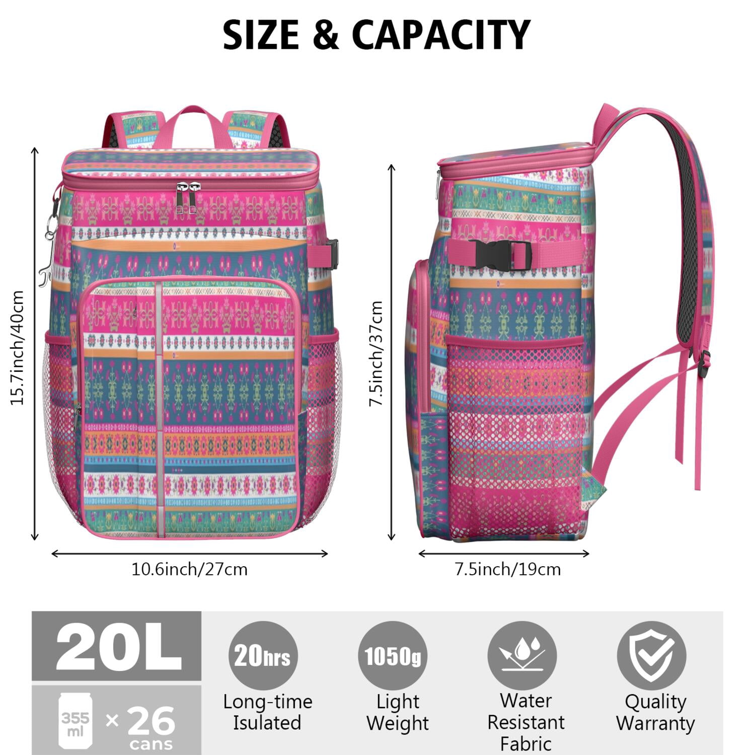 Travel Cooler Bag - Boho Bohemia Pioneer Flower Geometric Line Art Camping Beer Cooler Backpack with Bottle Opener- Waterproof Insulated Picnic Backpacks - Cooler Bag for Beach