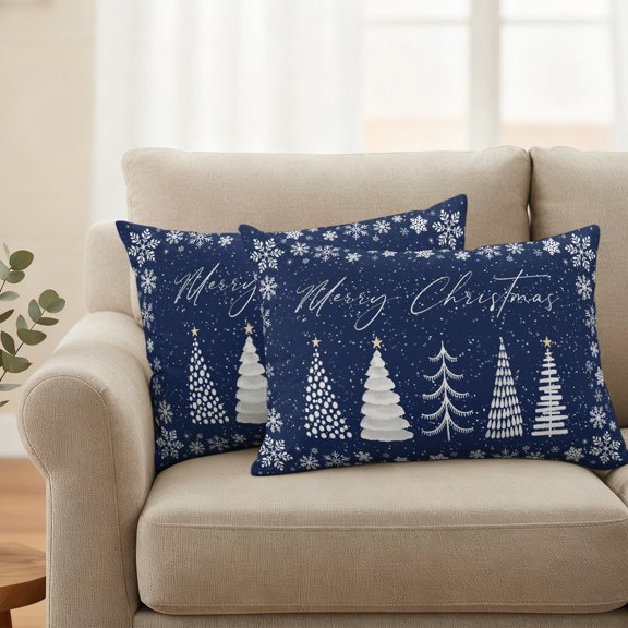 Waterproof Throw Pillow Covers 20x12 Set of 2, Christmas Tree Winter Snow Outdoor Pillowcases with Invisible Zipper, Retro Navy Blue Decorative Cushion Covers for Patio Garden Sofa Couch Balcony