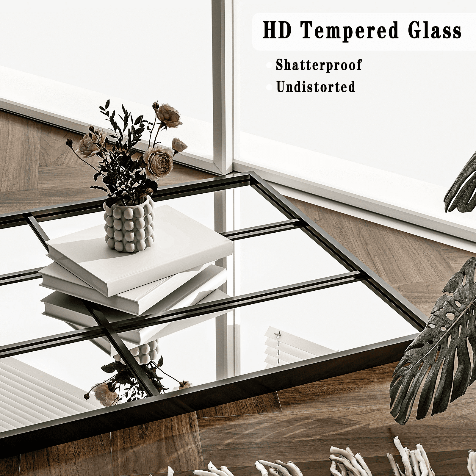 GRAHMCY 65"x25" Full Length Floor Mirror with Windowpane Rectangular Wall-Mounted Mirror, Black