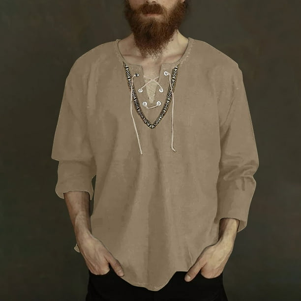 Blusas y camisas de manga larga con cuello en V para hombre, blusas casuales de moda con cordón y cuello en V de manga larga, blusas para hombre