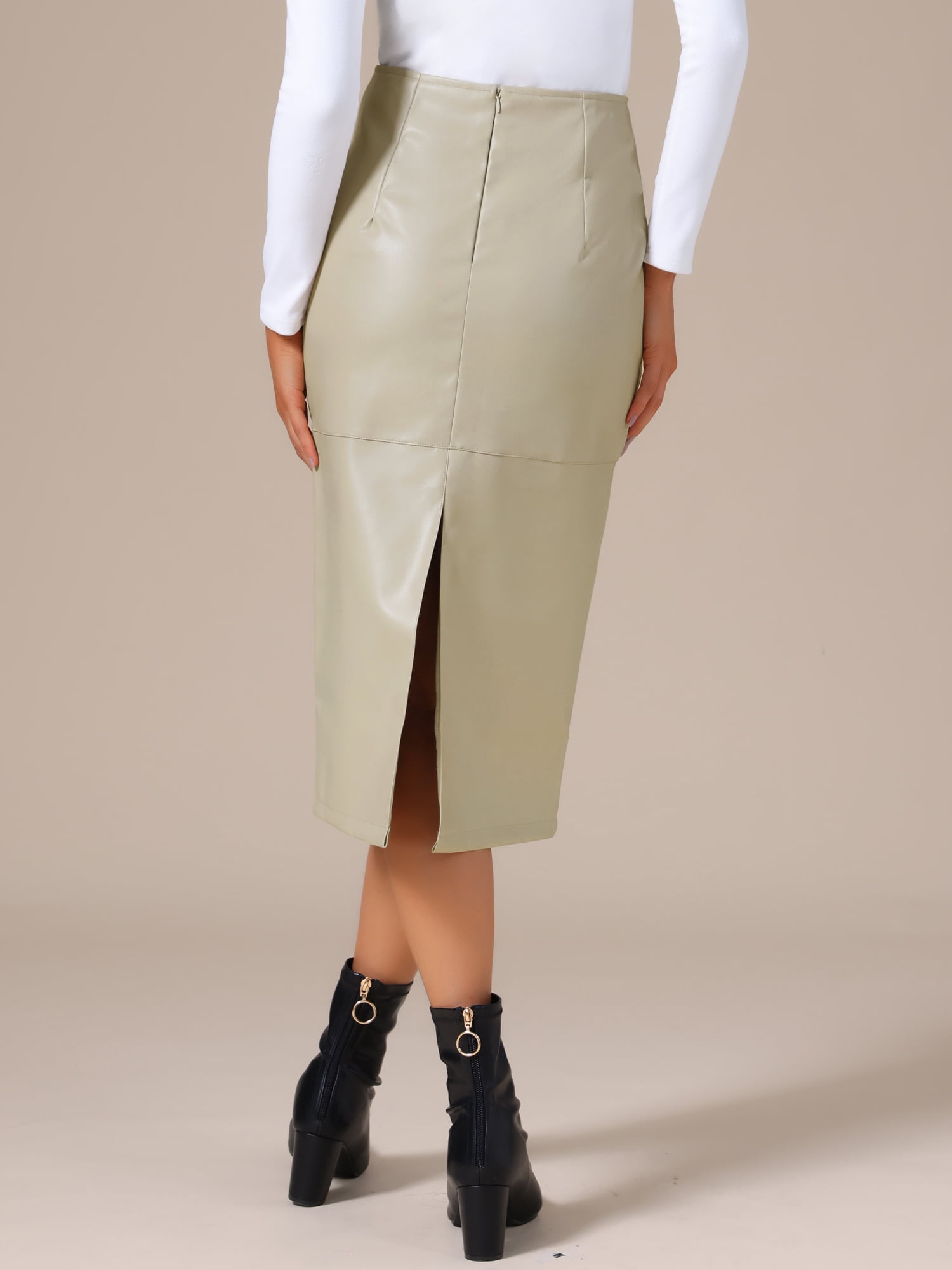 DARING DIVA Women's PU Leather Midi Party Split Back Bodycon Pencil Skirt X-Small Beige