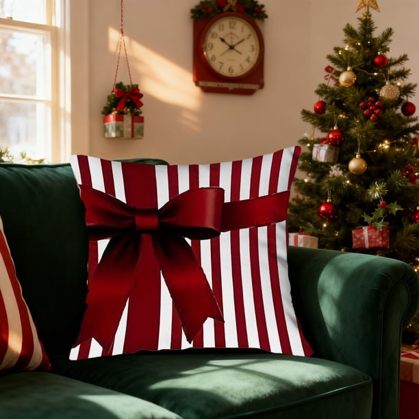 Hogar y cocina, Decoración del hogar, Decoración navideña, Funda de almohada con lazo de rayas rojas navideñas, Funda de cojín para sofá, Funda de almohada de lino