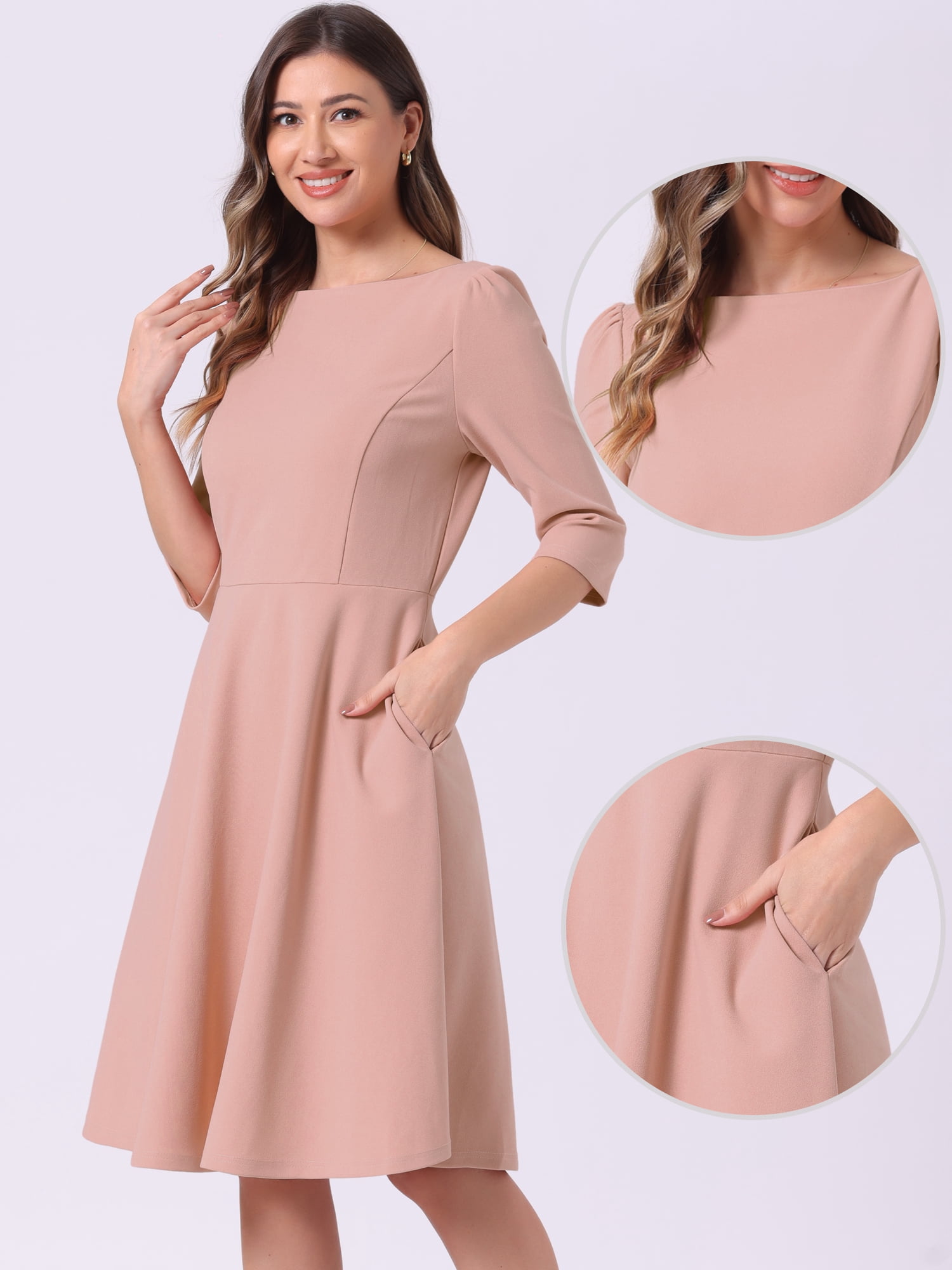 DARING DIVA Midi Boat Neck Short Sleeves A-Line Office Dress S Pink