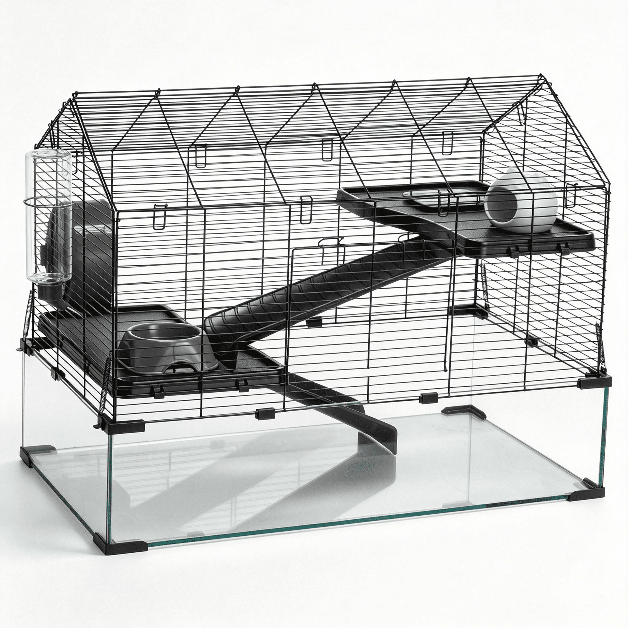 JERFIT Large Hamster Cage with Acrylic Panels, 360-Degree View Small Animal Habitat for Gerbil Mice, Black Wire & Glass Cage