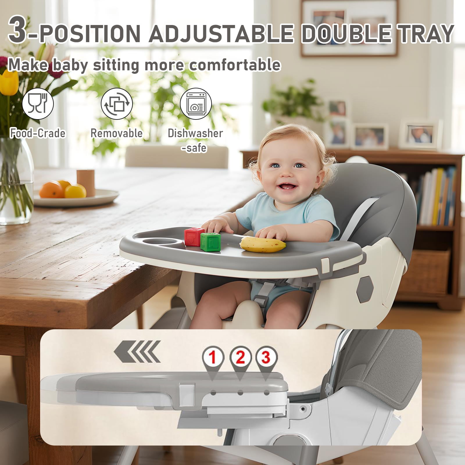 ManyFun-4-in-1 Baby High Chair Portable Toddler Baby Dining Chairs-Dining Booster Seat for Eating-Dinner Plate and Toy Rack,Grey