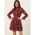 thumbnail image 2 of Vestido floral de gasa de manga larga con cuello simulado, volantes en capas, minivestidos con cintura de bata transparente Rojo L, 2 of 6