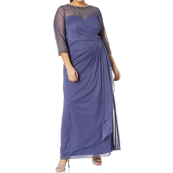 Alex Evenings Women's Plus Size Long Sleeve Sweetheart Neckline Dress, Violet Sheer Ne, 20W