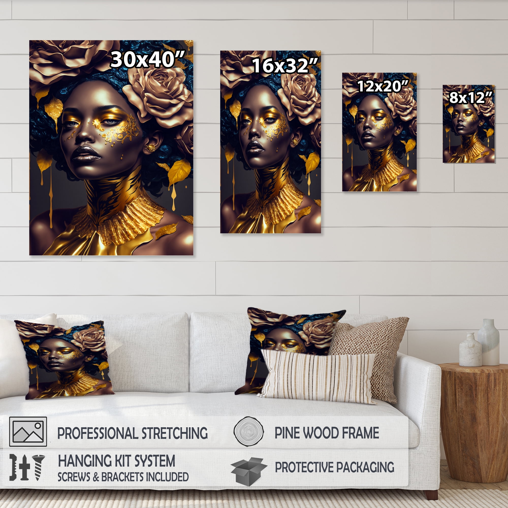 Designart Gold And Black Floral Woman VII Canvas Wall Art