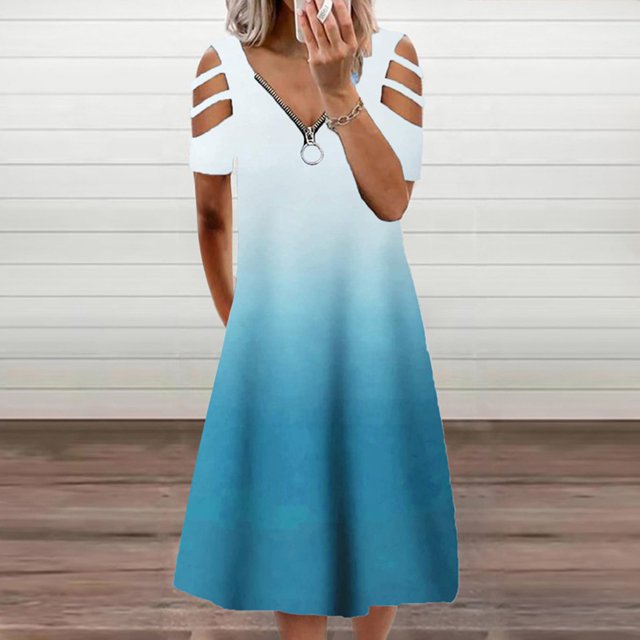 Pisexur Robe à Manches Courtes Col en V Hauteur Genou Mode Femmes Décontractée Ample Imprimée Col en V Manches Courtes Robe Ajourée Robe pour Femmes en Solde