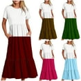 thumbnail image 5 of Summer Dresses for Women 2024 Color Block Tiered Casual Loose Ankle Length Dress Short Sleeve Crewneck Holiday Dress Pockets Green,M, 5 of 5