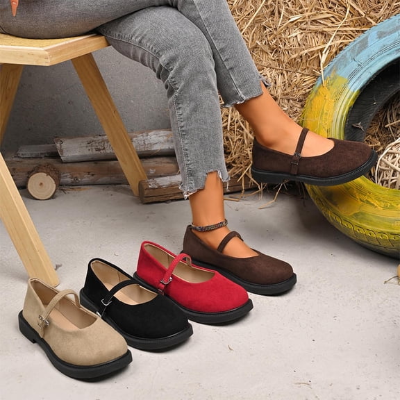 Mary Jane Shoes Women, Wide Width Suede Low Heel Dress Shoes, Retro Round Toe Buckle Strap Platform Casual Shoes, Black/Brown/Red/Beige