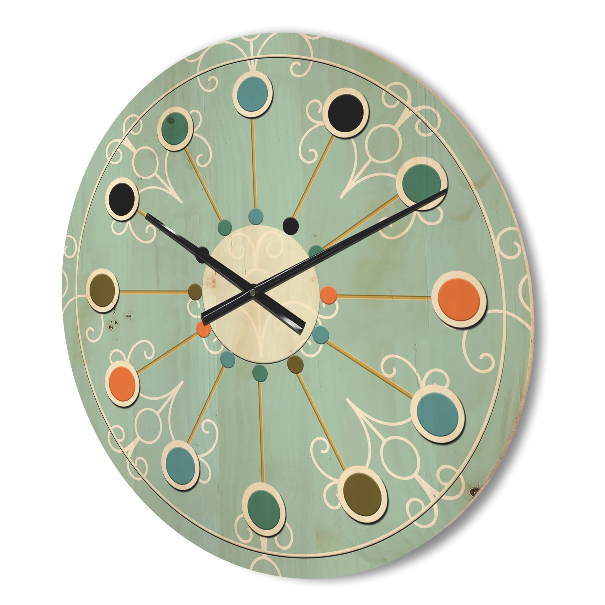 Designart 'Minimal Turquoise Ornament' Mid-Century Modern Wood Wall Clock