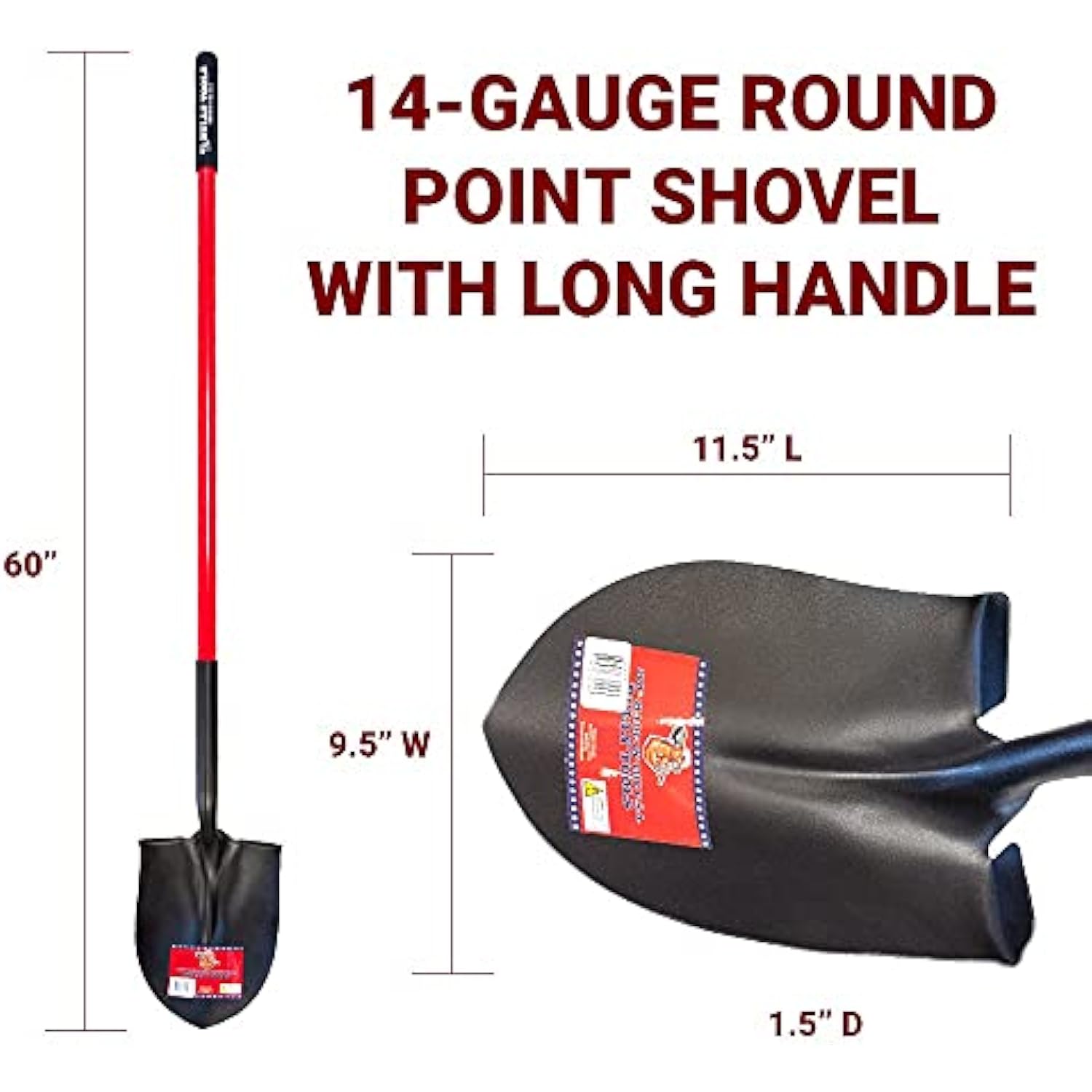 BULLY Tools 82515 Shovel, 9 in W Blade, 14 ga Gauge, Steel Blade, Fiberglass Handle, Long Handle, 48-1/2 in L Handle - image 5 of 5