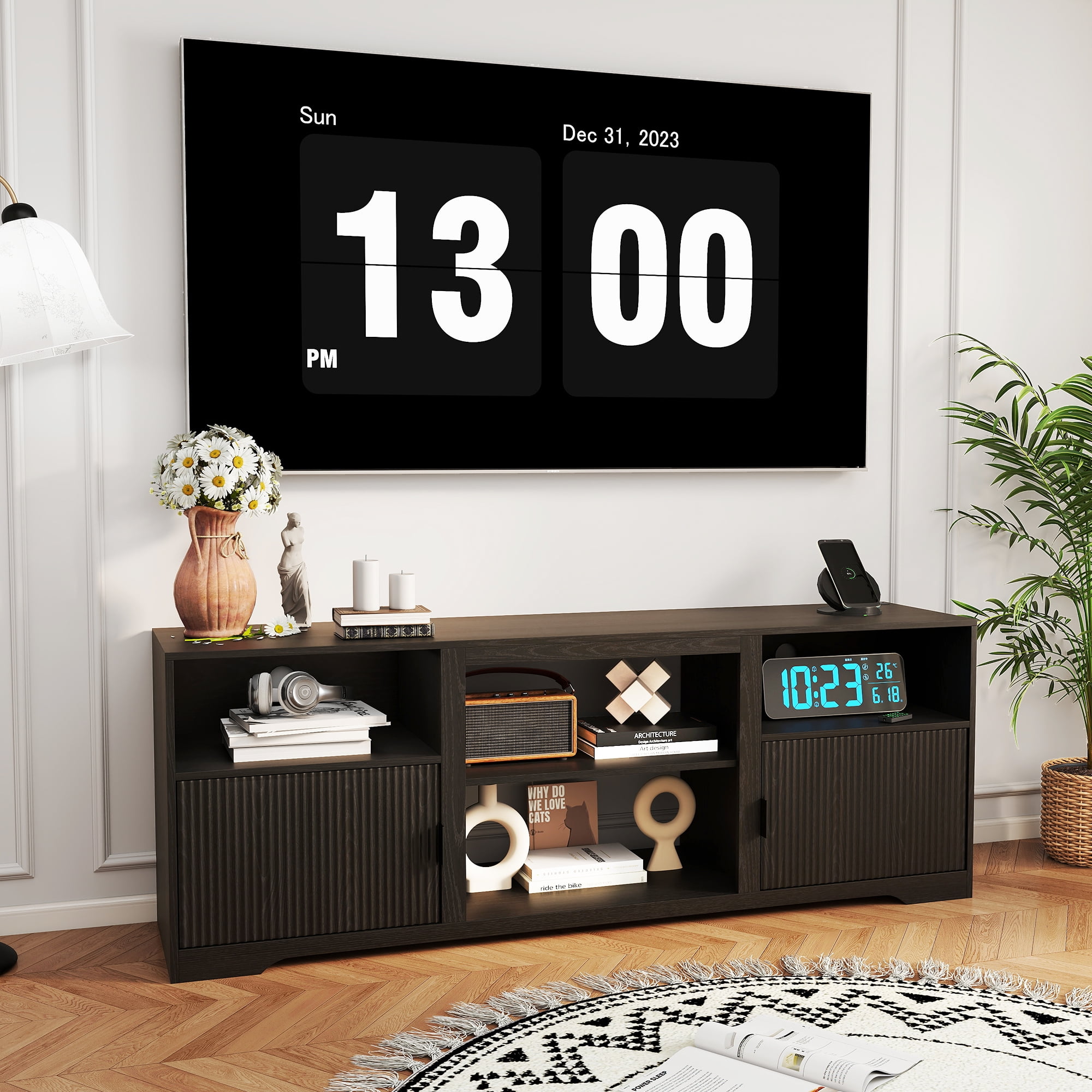 LUCKYELF Modern TV Stand for TVs up to 80", Entertainment Center with Storage, Media TV Console Table for Living Room, Bedroom, Black Color