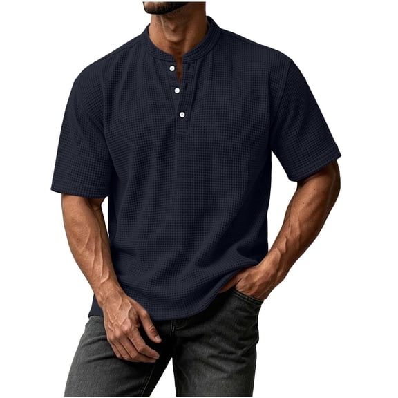 TKKCS Mens Waffle Knit Henley Shirt- Relaxed Fit Short Sleeve Lightweight Daily Casual Pullover Top Navy Size XL