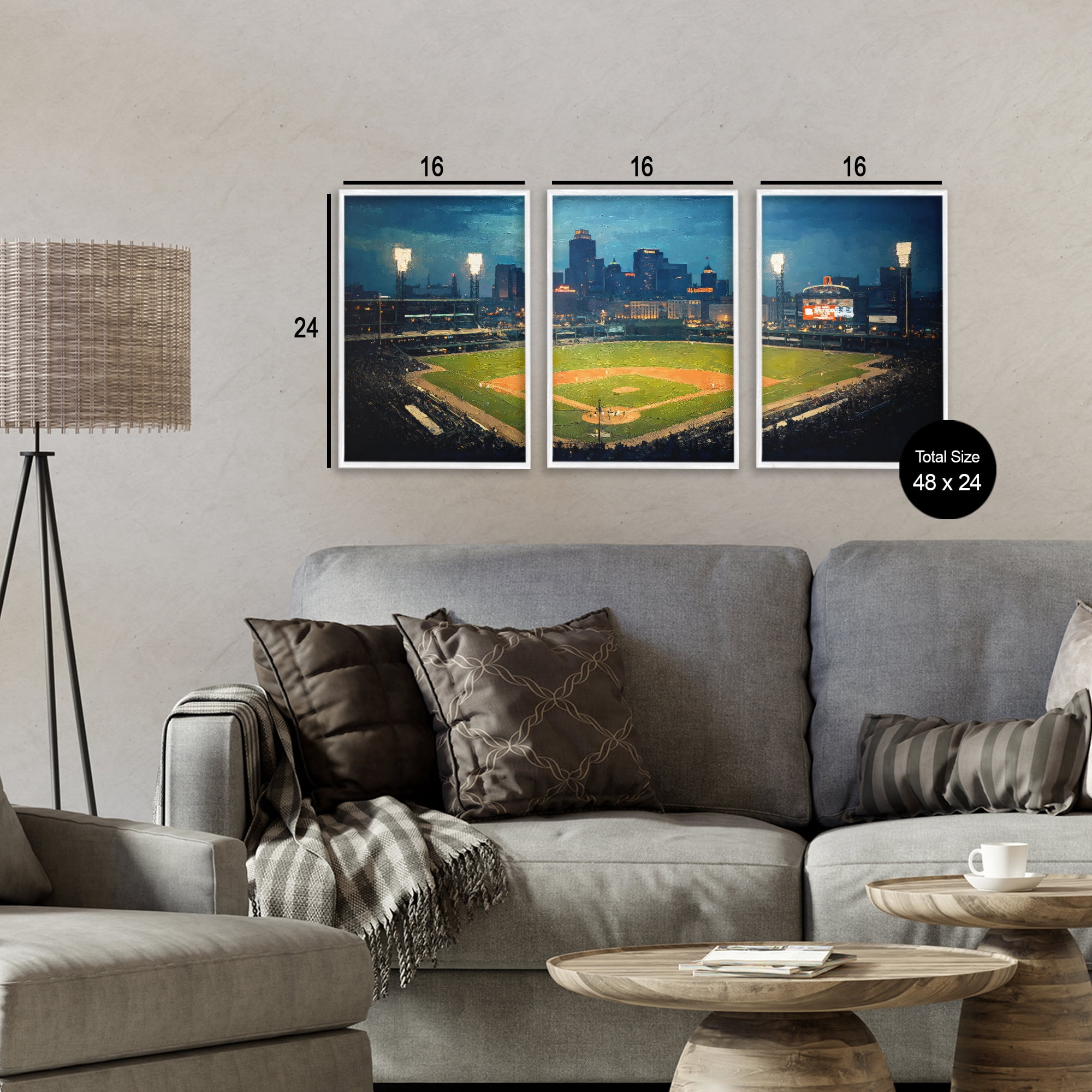 Stupell Industries Baseball Stadium Night View 3 Piece White Framed Giclee Art Set, design by Arlington Prints
