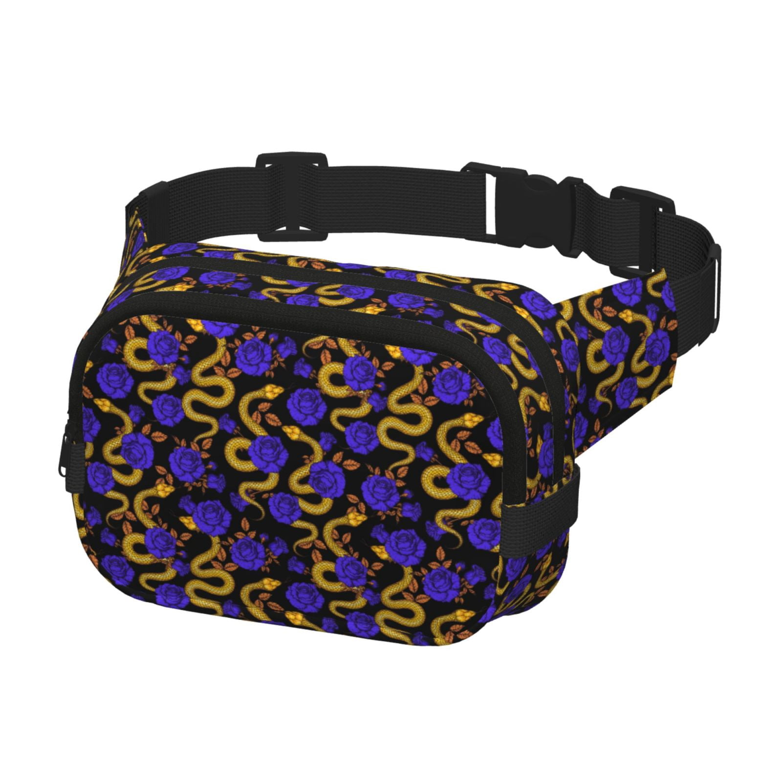 Fuzoiu Golden Snake And Purple Rose Print Unisex Square Double Layer Waist Bag,Crossbody Fanny Pack Travel Workout Accessory