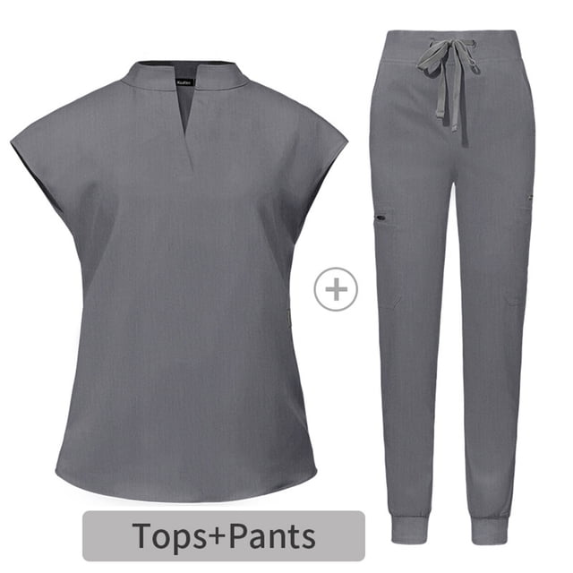 Styesk Scrubs for Women Solid Color Stretchy Scrubs Sets Drawstrings High Waisted Scrub Pants Stand V Neck Scrub Tops Comfy Scrub Joggers with Pockets 2 Piece Nurse Uniforms Set