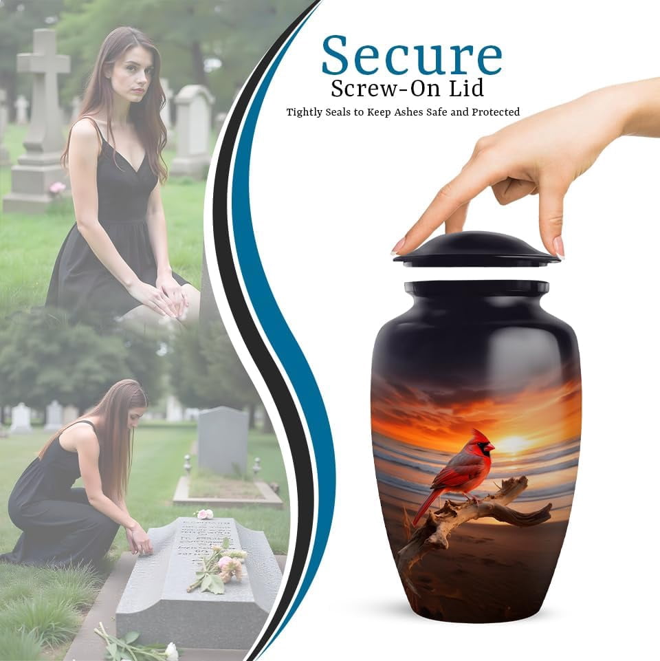 Cardinal Bird Sunset Urn, Beach Scene Cremation Urn For Human Ashes, Spiritual Messenger Urns For Ashes Adult Female, Cardinal Memorial Cremation Urn Keepsake, Size 6 Inch 1Pcs