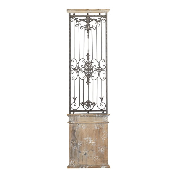 DecMode Brown Wood Distressed Door Inspired Panel Scroll Wall Decor with Black Metal Wire Details