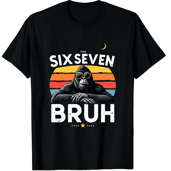 Six Seven Bruh Sunglasses Bigfoot Sasquatch Adult Unisex Black T-Shirt, 180g Cotton