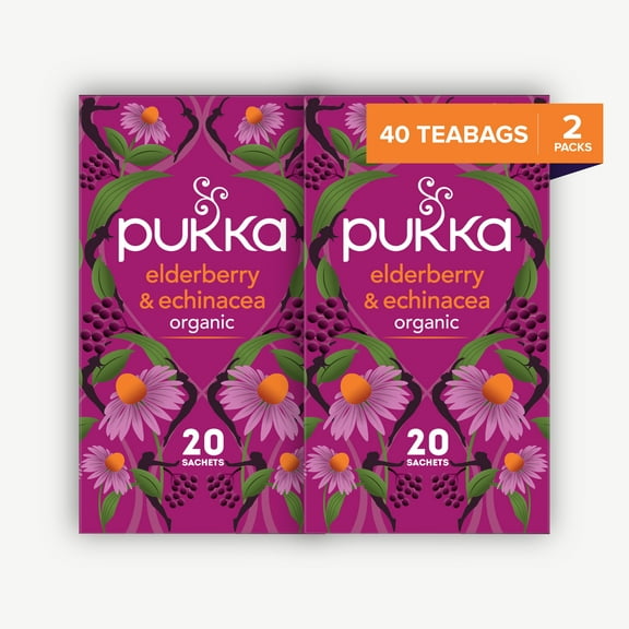Pukka Organic Elderberry & Echinacea Herbal Tea, 40 Tea Bags Total (2 Pack, 20 Bags Each)