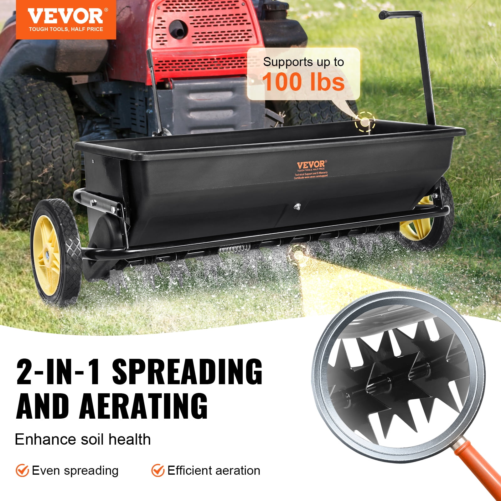 Vevor Broadcast Spreader 100 Lb Tow Behind Poly Drop Spreader With 10 Wheels Steel Spike Aerator Fertilizer Spreader Garden Seeder And Salt Spre