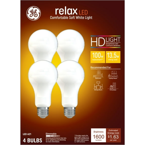 GE Relax HD LED Light Bulbs, 100 Watt, Soft White, A21 Bulbs, Medium Base, Frosted Finish, 4pk