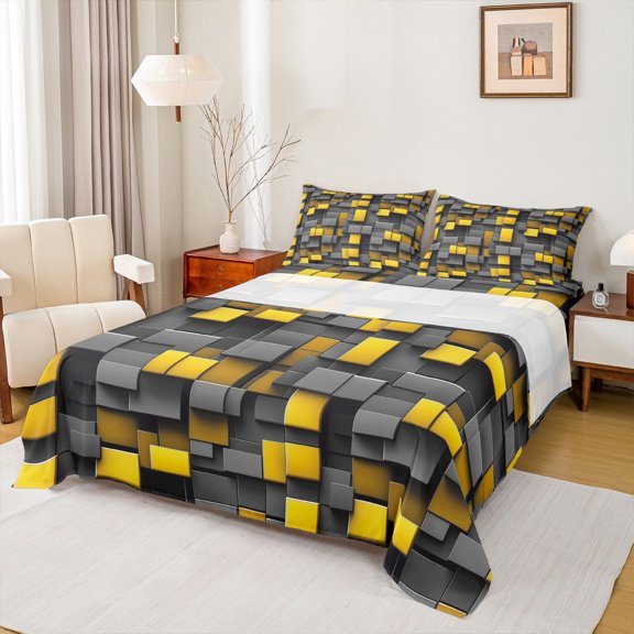 Manfei Bright 3D Block Queen Sheets, Geometric Queen Sheet Sets, Gray Yellow, Black Reversible 4-Piece1 Flat Sheet 1 Fitted Sheet 2 Pillowcases