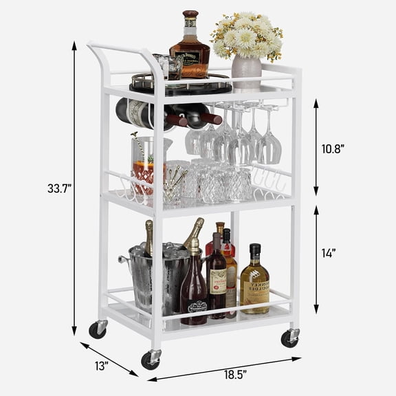 Bar Cart with Mirrored Shelves, 3-Tier Mobile Kitchen Serving Cart with Wine Rack and Hooks, White