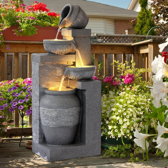 Magic Union Outdoor 4-Tiers Water Fountain, Garden Cascading Waterfalls Fountain with LED Lights, 32" H Modern Indoor/Outdoor Bowl Waterfall Feature Water Fountains for Garden, Patio, Yard Decor