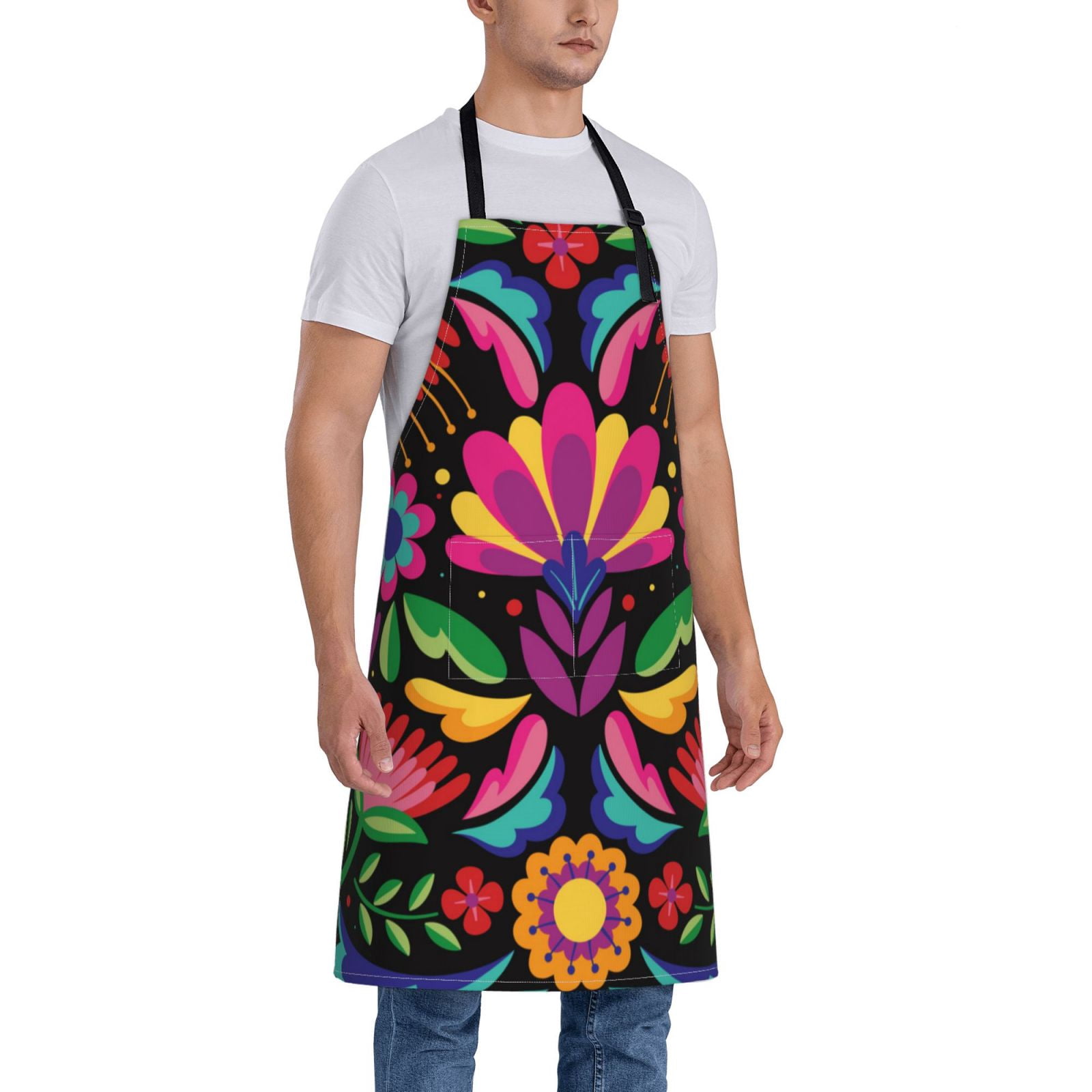 Kdxio Colorful Floral Embroidery Mexican Apron with Pockets Adjustable Kitchen Aprons for Men Women Waterproof Aprons for Cooking,Drawing,Crafting, Baking Household Cleaning