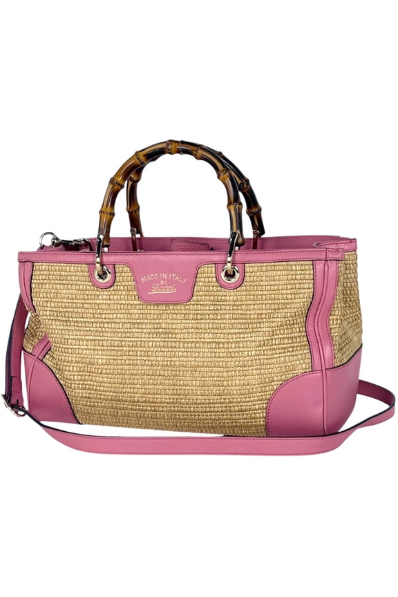 Pre-Owned Gucci Bamboo Shopper Medium Handbag, 2-Way Shoulder Bag, Straw Pink Leather, 323660,...