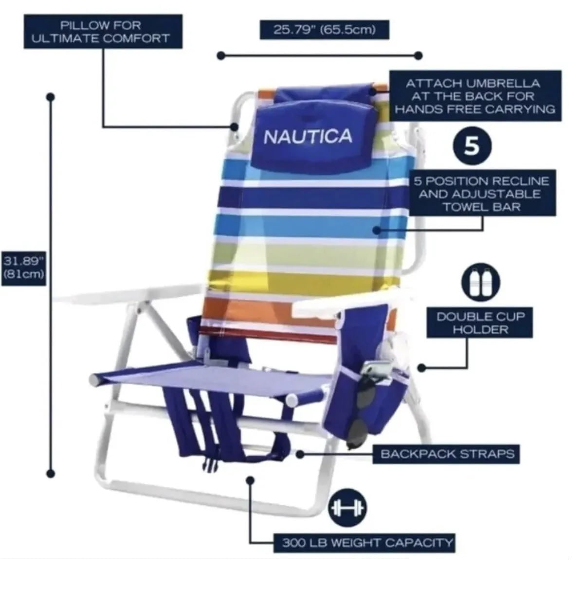 Nautica Portable Beach Chair, Double Cup Holder, Padded Straps (Rainbow Stripe)