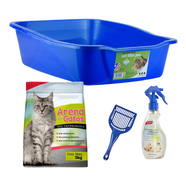 Kit Para Gato Con Arenero Pala Neutralizador Malubero Blanco Azul