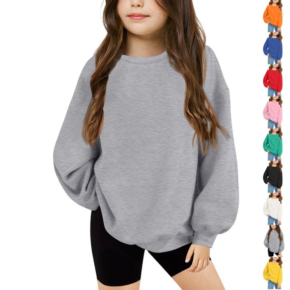 LTTVQM Girls Sweatshirts Fleece Crew Neck Long Sleeve Solid Color Comfortable Pullover Sweater Loose Fit Clothes 1-12 Years
