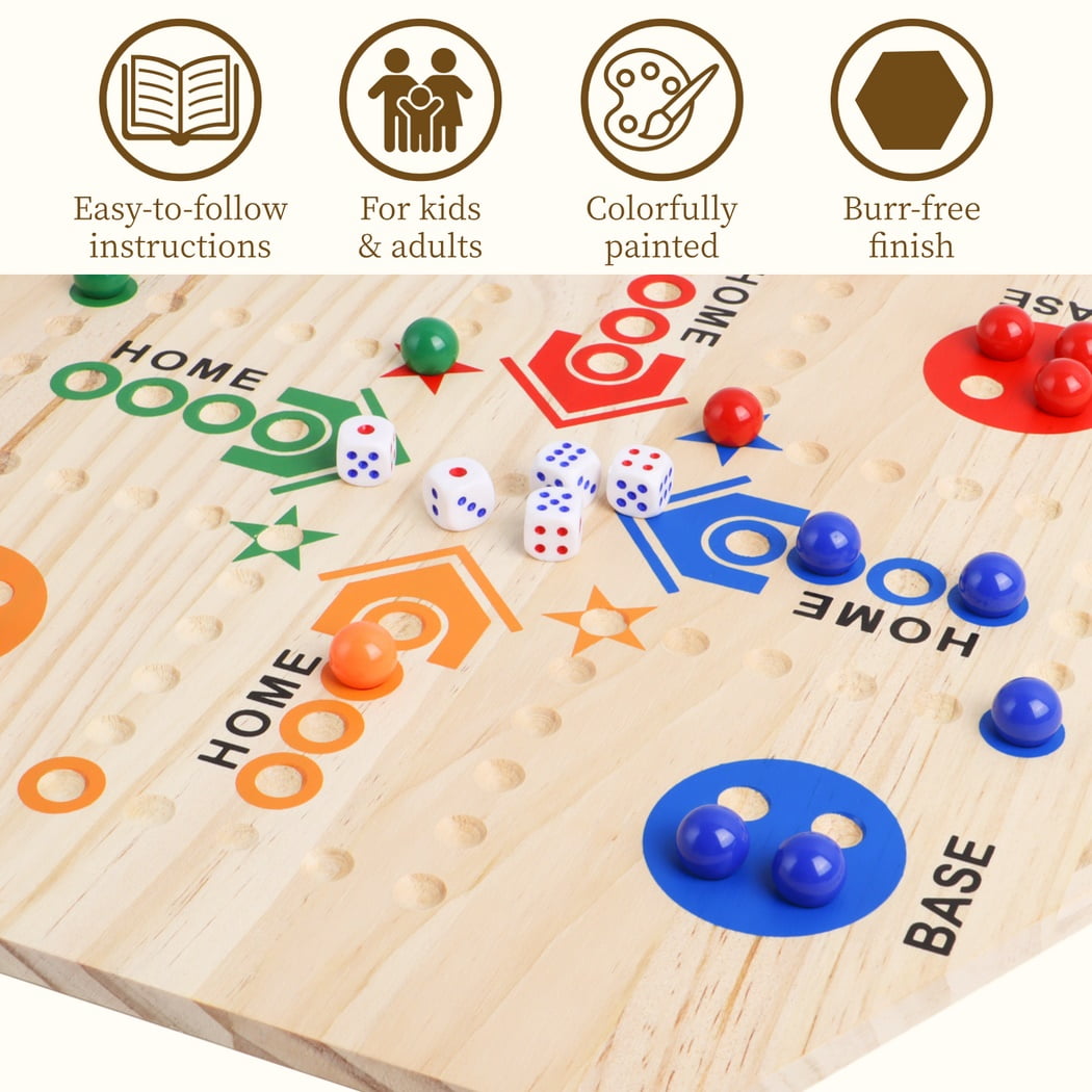 Marble Board Game, Double-Sided Wooden Board Game, Colorful Wahoo Marble Ludo Game Kit for 2-6 players