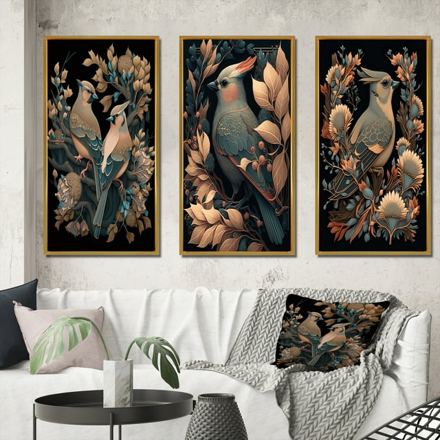 Designart "Faded Retro Tones Cardinal Bird II" Animals Bird Framed Wall Art Set Of 3 - Red Bird Frame Canvas Set For Living Room Decor