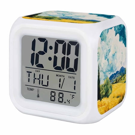 Abstract Country Digital Alarm Clock for Bedrooms,Smart LED Alarm Clock with 7 Color Changing Night Light,Farmhouse Oil Painting Nature Landscape Silent Wake Up Clocks for Sleep Study 3.2x3.2