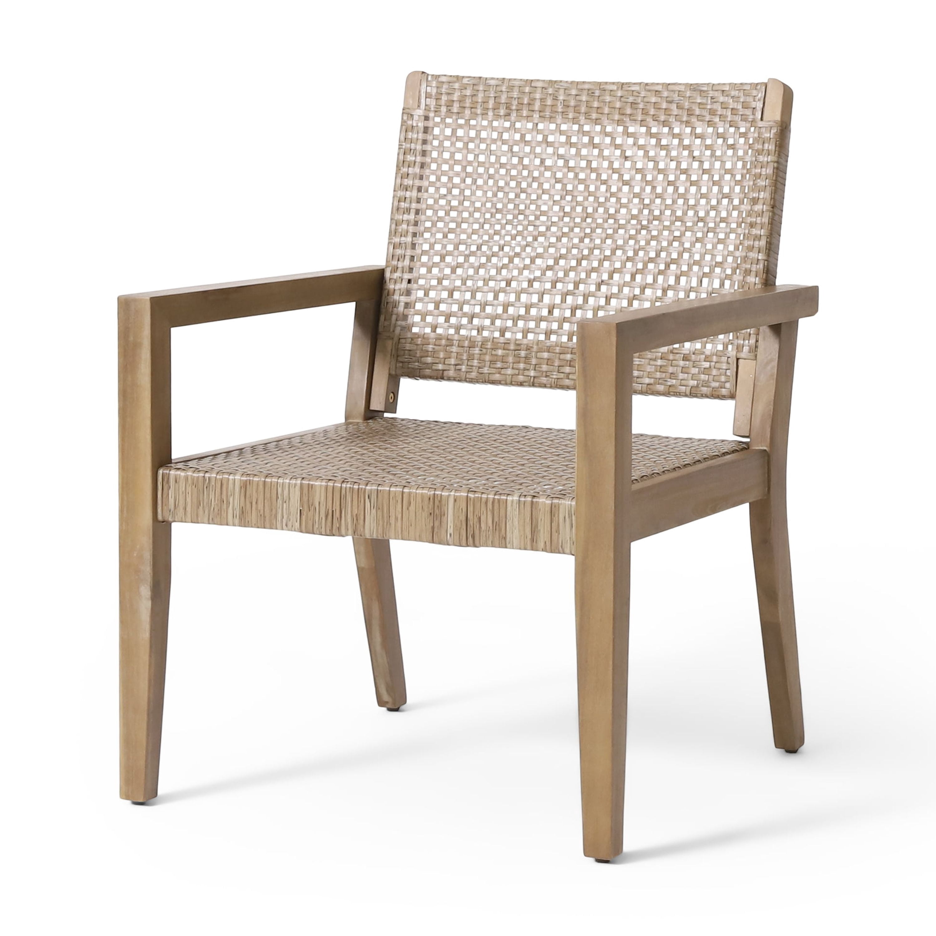 Outdoor Single Seat Chair Set of 2, Combined Wicker and Acacia Wood Structure for Patio Garden, Light and Light Brown